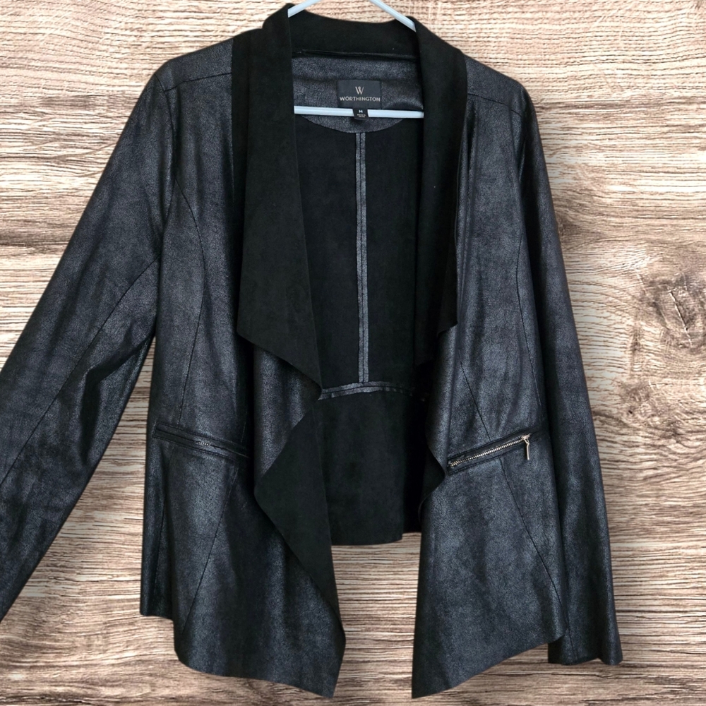 Worthington Open Black Faux Leather Jacket Zip Detail Goth Punk Lightweight /M - Picture 3 of 9